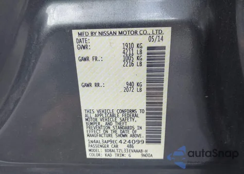 2014 Nissan Altima 2.5 Sv z USA, uszkodzony, nr VIN 1N4AL3AP9EC424099